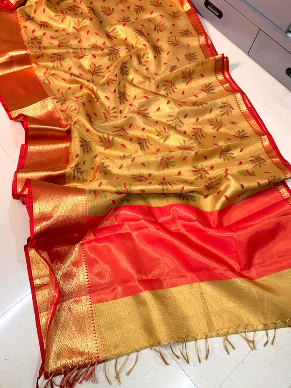 B91001 Banarasi Tissue Silk Saree With Allover Embroidery 