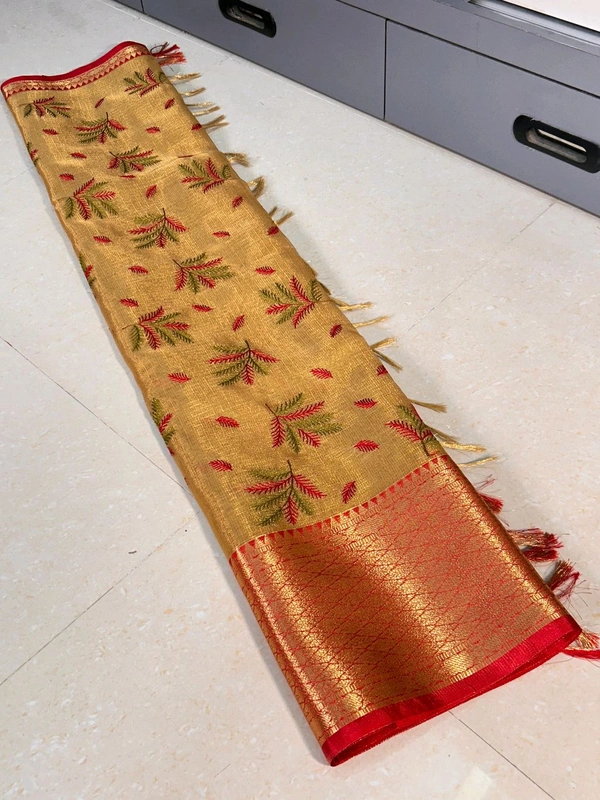 B91001 Banarasi Tissue Silk Saree With Allover Embroidery 