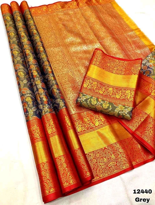 KS0055 Kanjivaram Braidal Silk Saree With 1 Gm Gold Zari Weaving Allover Saree - Gray