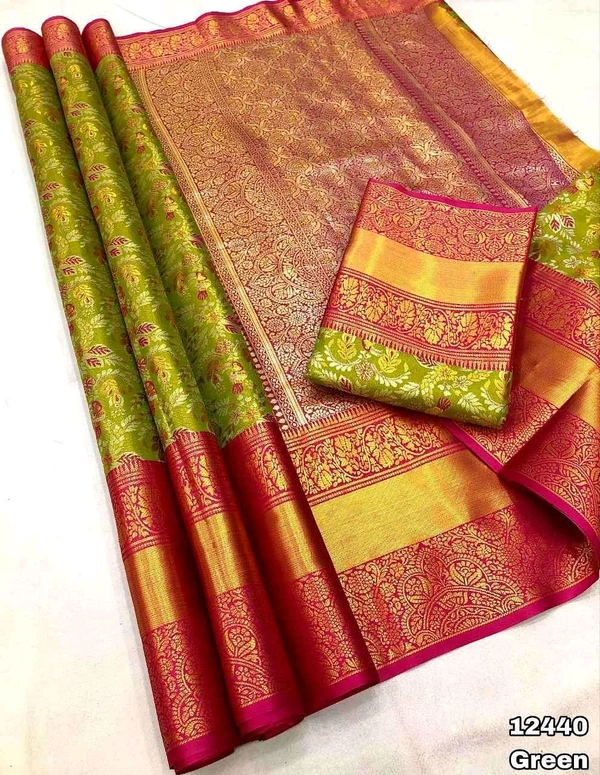 KS0055 Kanjivaram Braidal Silk Saree With 1 Gm Gold Zari Weaving Allover Saree - Green