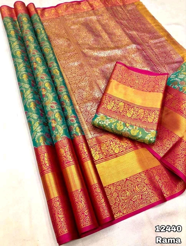 KS0055 Kanjivaram Braidal Silk Saree With 1 Gm Gold Zari Weaving Allover Saree - Rama