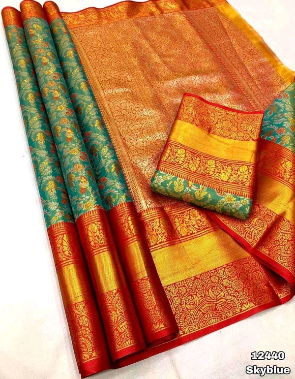 KS0055 Kanjivaram Braidal Silk Saree With 1 Gm Gold Zari Weaving Allover Saree - Sky Blue