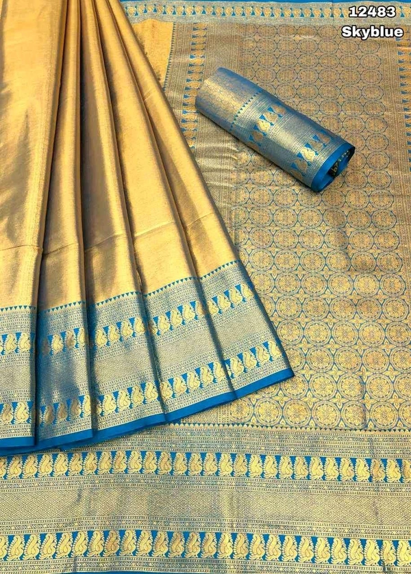 KS0061 1 Gm Gold Zari Weaving Kanjivaram Silk Saree  - sky Blue