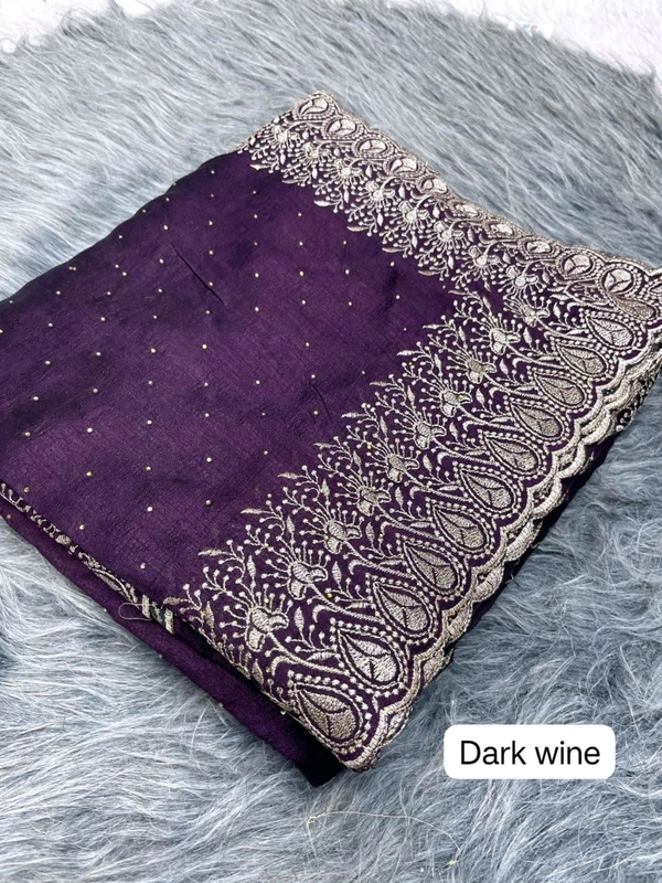 W64007 Soft Vichitra Blooming With Beautiful Embroidery Zari Work With Siroski Work - Dark Wine