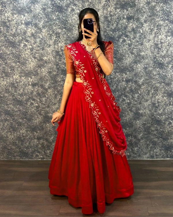 W22050 Fully Stiched Vichitra Silk Lehenga Choli flowing vichitra silk Duppatta  - Red, M