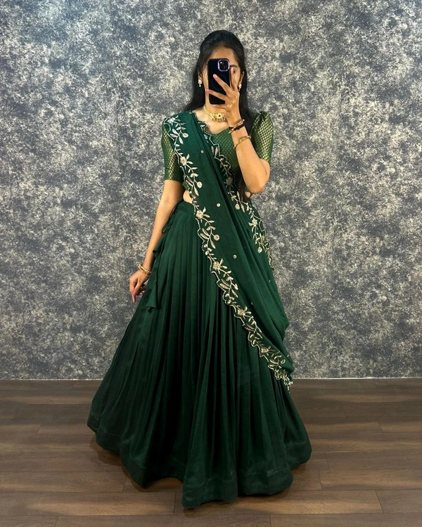 W22050 Fully Stiched Vichitra Silk Lehenga Choli flowing vichitra silk Duppatta  - Green, S