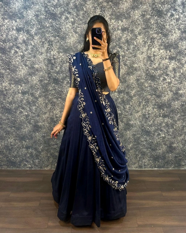 W22050 Fully Stiched Vichitra Silk Lehenga Choli flowing vichitra silk Duppatta  - Navy Blue, S