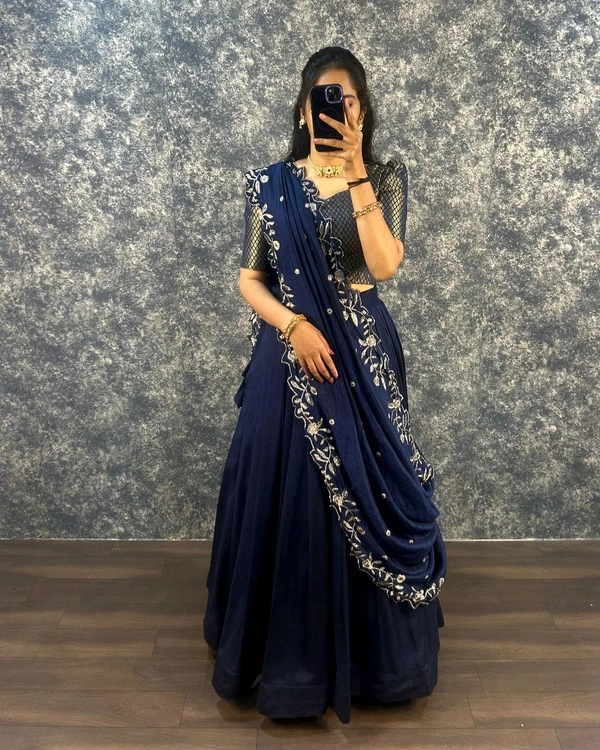 W22050 Fully Stiched Vichitra Silk Lehenga Choli flowing vichitra silk Duppatta  - Navy Blue, XXL