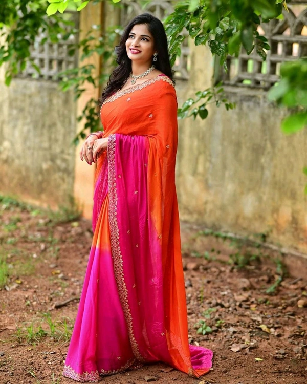 W22047 Soft Hand Dyeing chinnon Saree With Heavy Embroidery Sequence and Jari Work Arca Border  - Pink