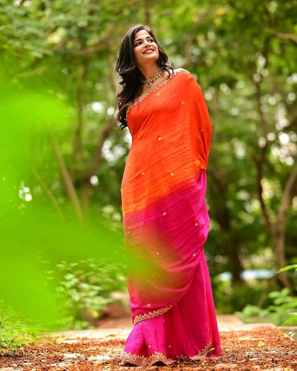 W22047 Soft Hand Dyeing chinnon Saree With Heavy Embroidery Sequence and Jari Work Arca Border  - Pink