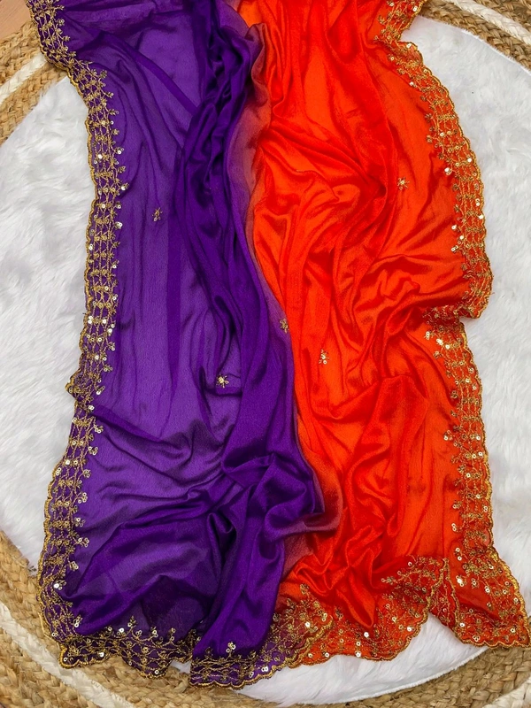 W22047 Soft Hand Dyeing chinnon Saree With Heavy Embroidery Sequence and Jari Work Arca Border  - Purple