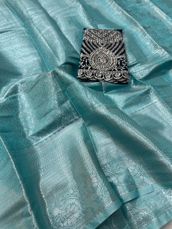 W22004 Kanjivaram Silk Saree+ Work Blouse Combo  - Sky Blue