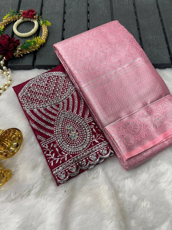 W22004 Kanjivaram Silk Saree+ Work Blouse Combo  - Pink