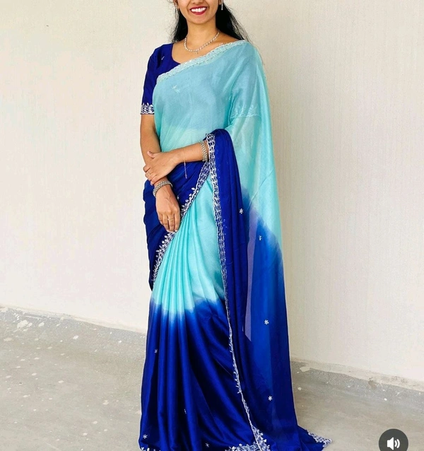 W22047 Soft Hand Dyeing chinnon Saree With Heavy Embroidery Sequence and Jari Work Arca Border  - sky blue