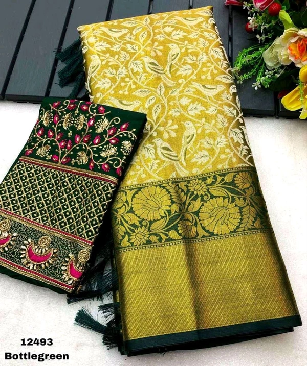 KS0051 Kanjivaram Silk Saree With Aari Work Blouse  - Green