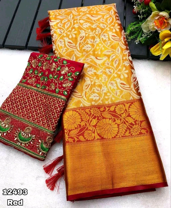 KS0051 Kanjivaram Silk Saree With Aari Work Blouse  - Red