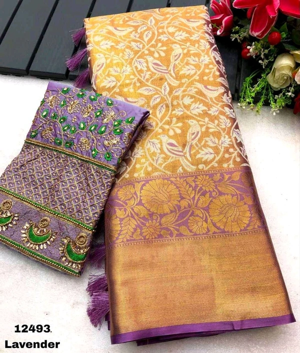 KS0051 Kanjivaram Silk Saree With Aari Work Blouse  - Levender