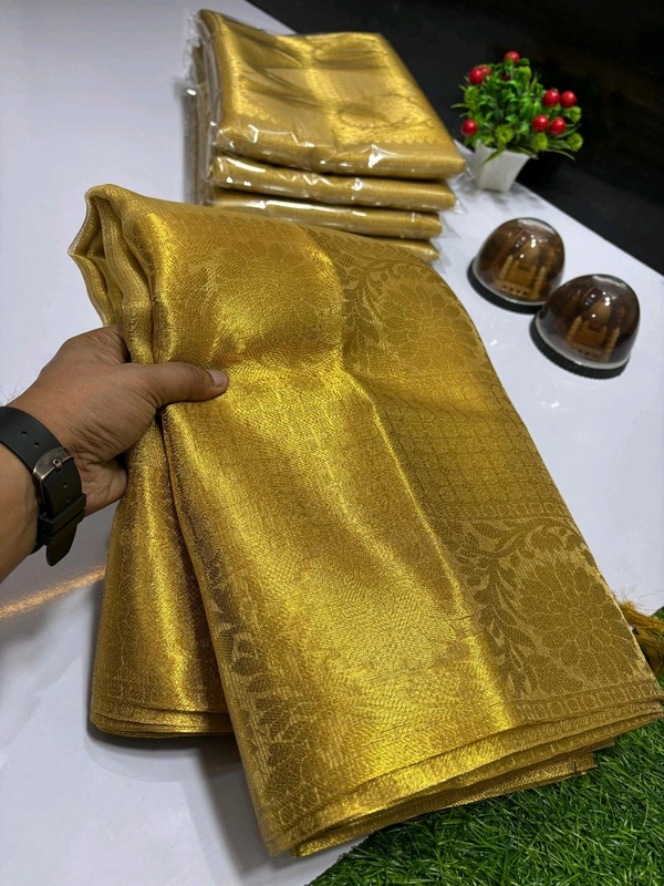 B11020 Gold Banarasi Tissue Silk Saree With Heavy Kanjivaram Border 