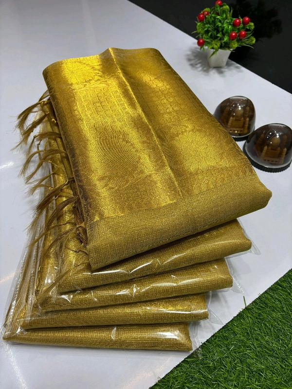 B11020 Gold Banarasi Tissue Silk Saree With Heavy Kanjivaram Border 