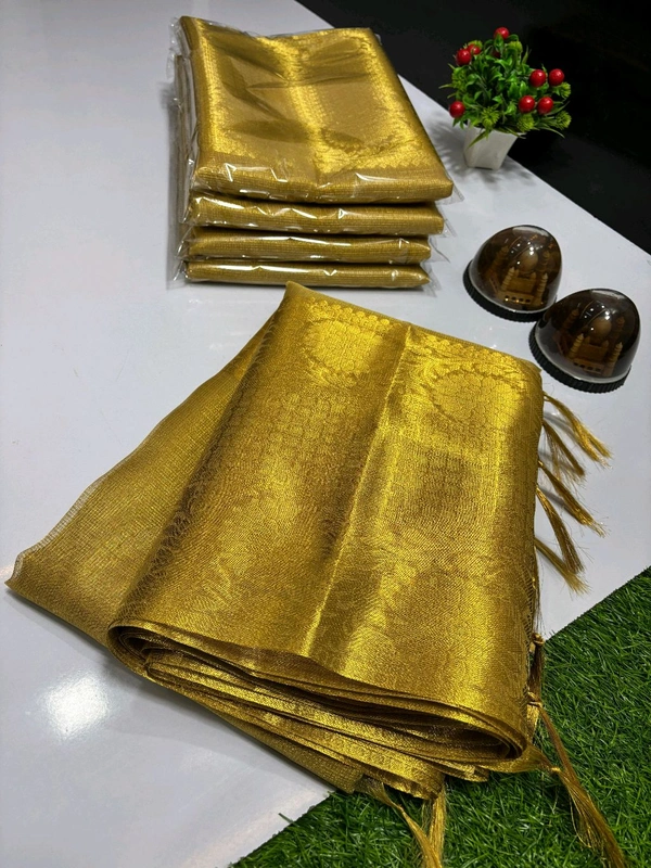 B11020 Gold Banarasi Tissue Silk Saree With Heavy Kanjivaram Border 