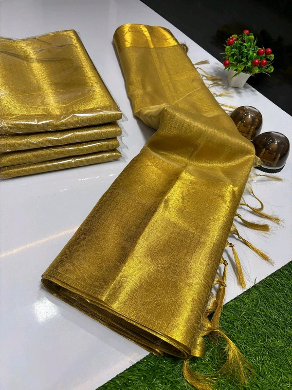 B11020 Gold Banarasi Tissue Silk Saree With Heavy Kanjivaram Border 