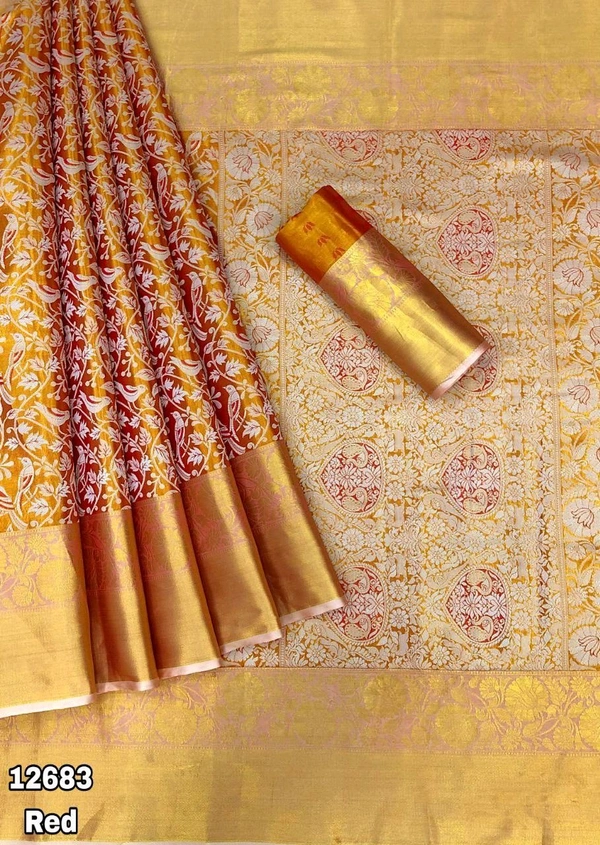 KS0100 1 Gm Gold Zari Weaving Kanjivaram Silk Saree  - Red Orange