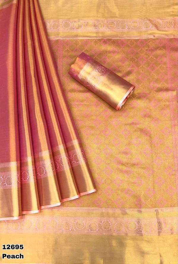 KS0102 1 Gm Gold Zari Weaving Kanjivaram Silk Saree  - Peach