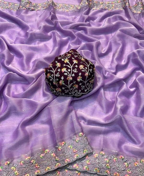 W22210 Moss Chiffon Squence Multi Embroidery Work Saree - Levender