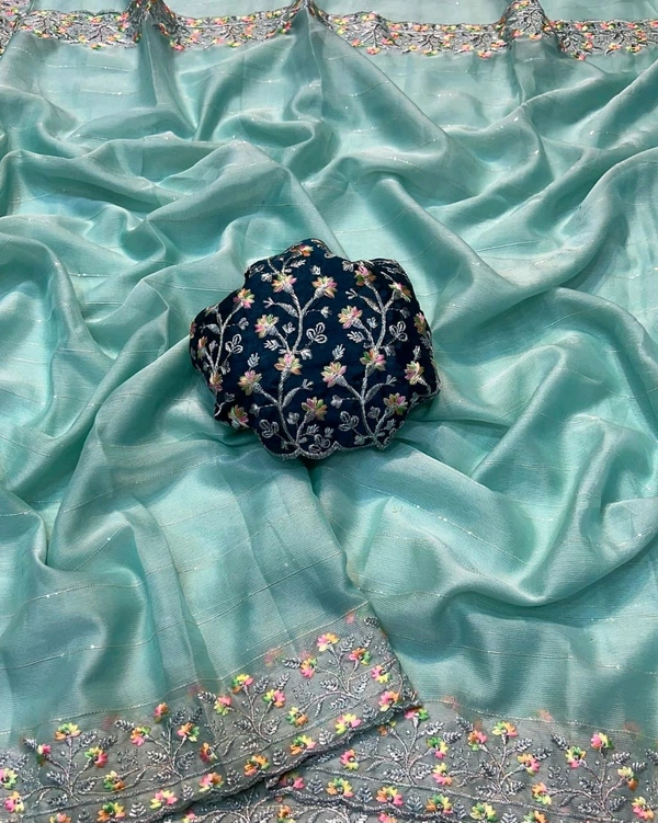 W22210 Moss Chiffon Squence Multi Embroidery Work Saree - Sky blue