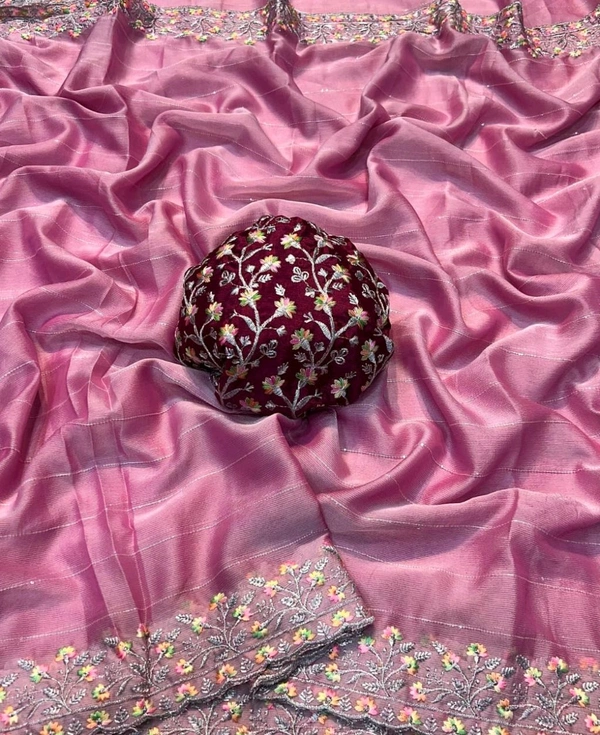 W22210 Moss Chiffon Squence Multi Embroidery Work Saree - Pink