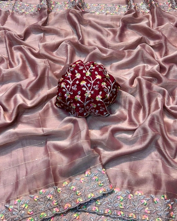 W22210 Moss Chiffon Squence Multi Embroidery Work Saree - Lavender Rose