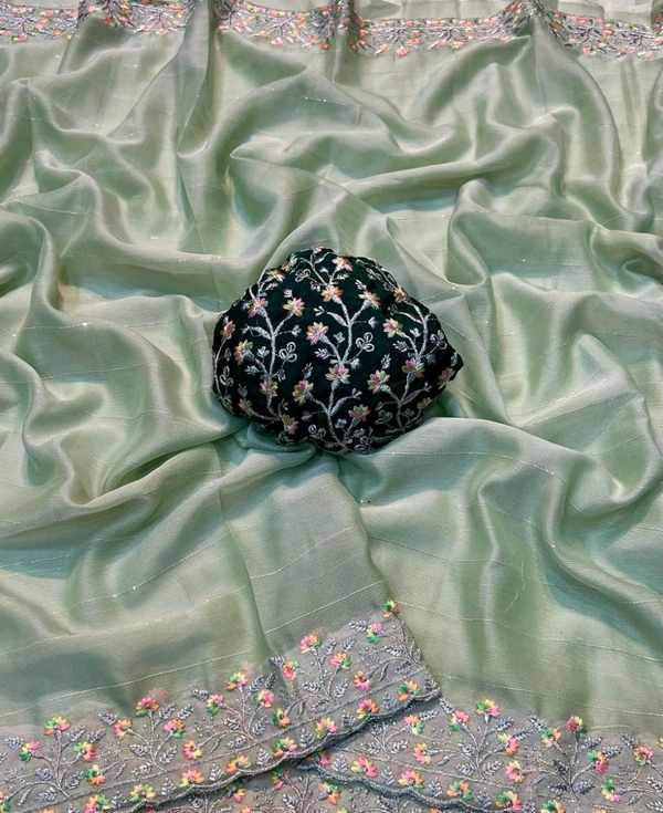 W22210 Moss Chiffon Squence Multi Embroidery Work Saree - Mint Green