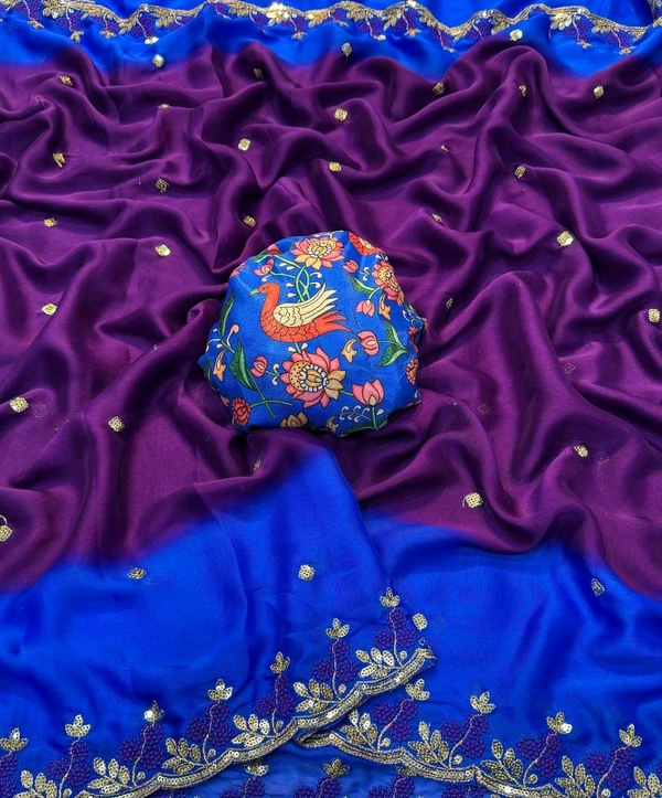 W22211 Rangoli Chiffon Saree Multi Embroidery Work With Digital Print Blouse  - Blue