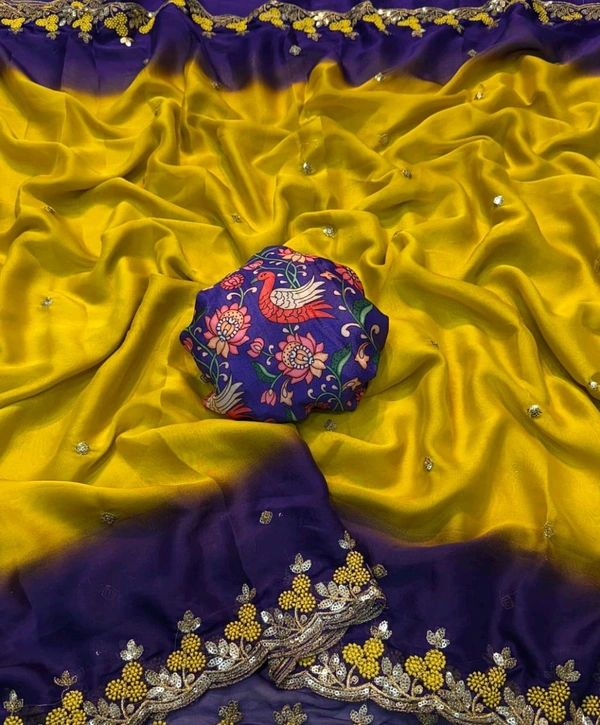 W22211 Rangoli Chiffon Saree Multi Embroidery Work With Digital Print Blouse  - Navy Blue