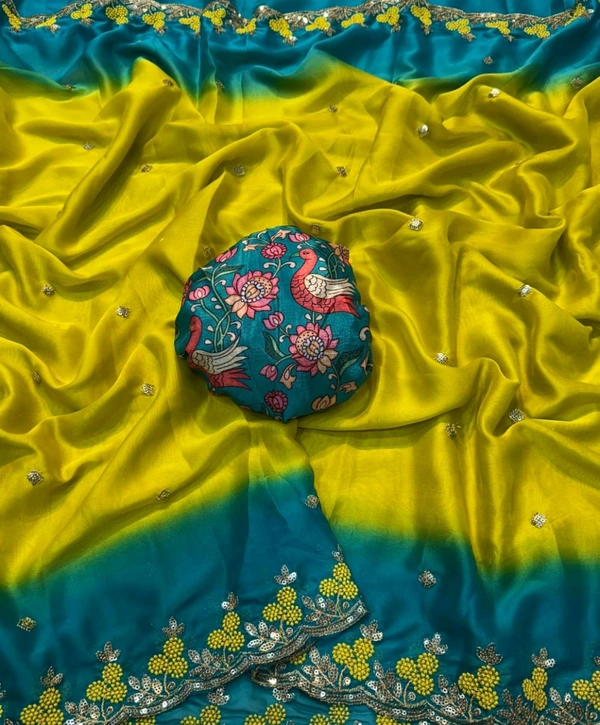 W22211 Rangoli Chiffon Saree Multi Embroidery Work With Digital Print Blouse  - Eastern Blue