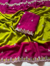 W22064 Dual Colour Georgette Saree With Embroidery Work 