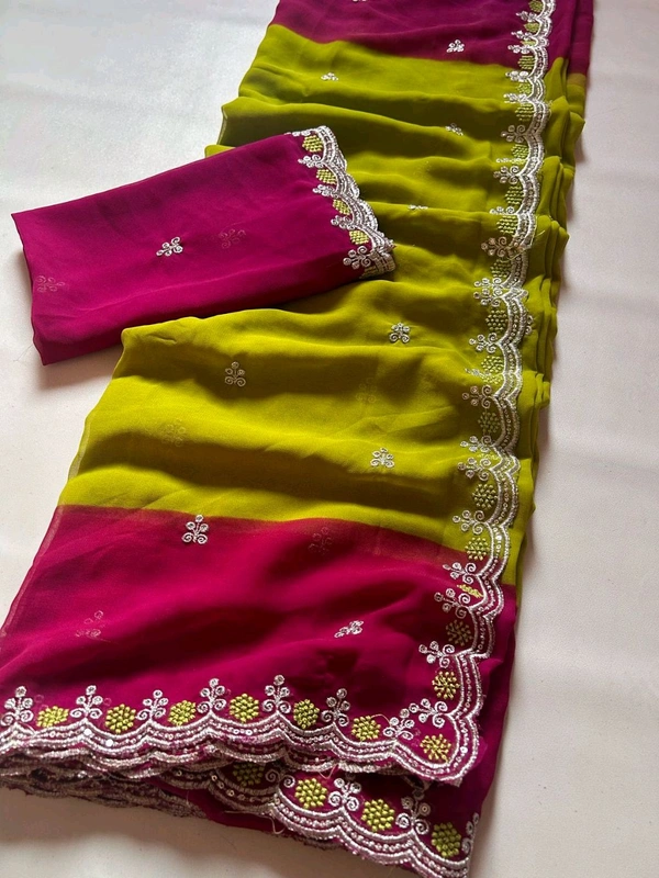 W22064 Dual Colour Georgette Saree With Embroidery Work 