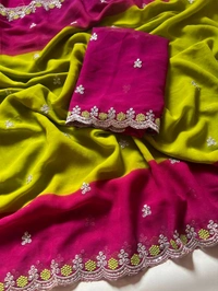 W22064 Dual Colour Georgette Saree With Embroidery Work 