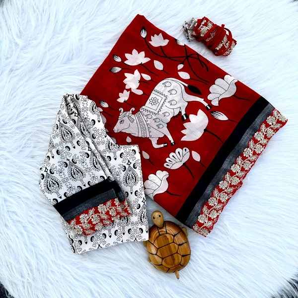 W54001 Premium Mul Mul Fabric Saree With Lace border Stiched blouse  - 32