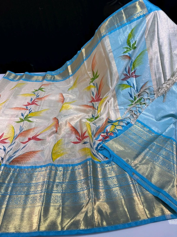 B06401 Hand Paint Kanjivaram Silk Saree - sky-blue