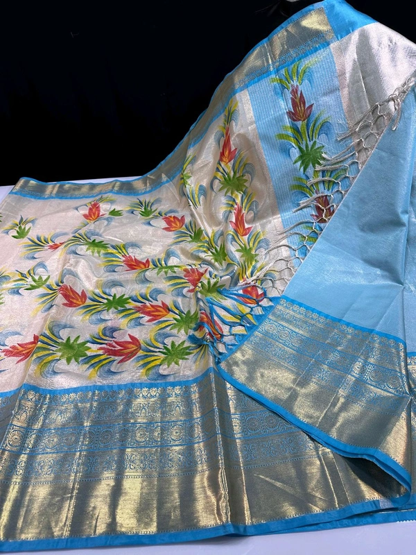 B06307 Hand Paint Kanjivaram Silk Saree - Sky blue