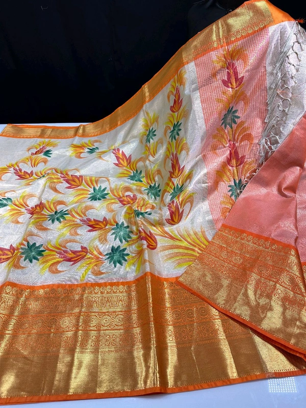 B06307 Hand Paint Kanjivaram Silk Saree - Orange