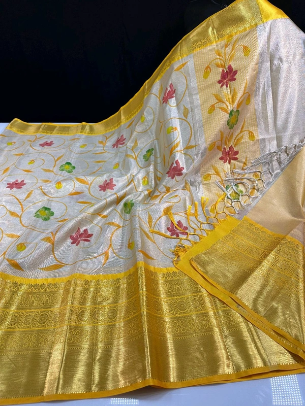 B06309 Hand Paint Kanjivaram Silk Saree - Yellow
