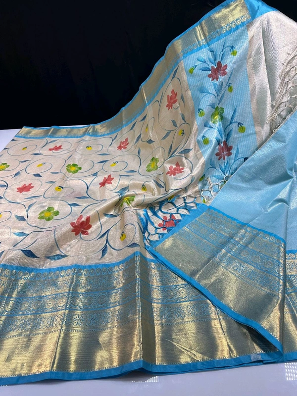 B06309 Hand Paint Kanjivaram Silk Saree - sky-blue