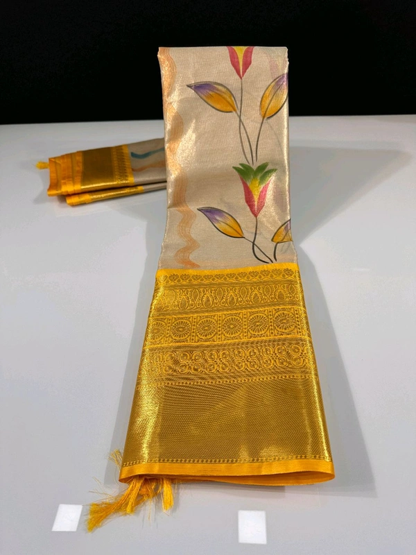 B06314 Hand Paint Kanjivaram Silk Saree - Yellow