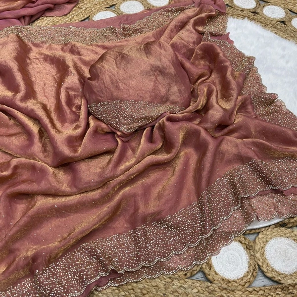 W78011 Space Silk With Jarkhan Stone Work Saree - Peach