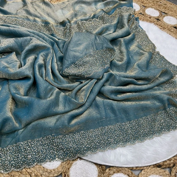 W78011 Space Silk With Jarkhan Stone Work Saree - Teal