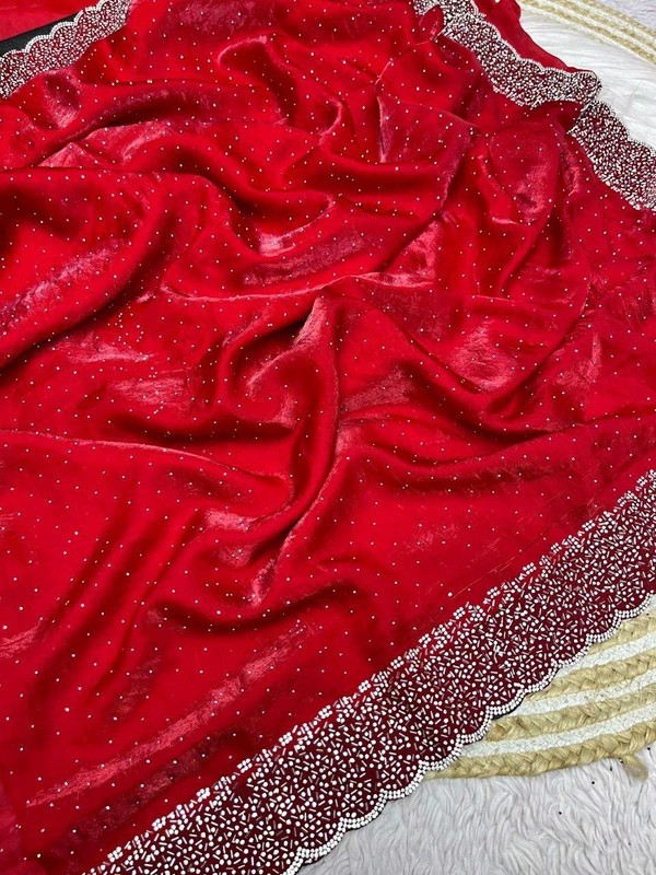 W77018 Beautiful Jarkhan Diamond Work Space Silk Saree  - Red