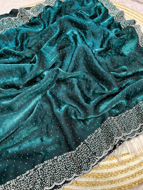 W77018 Beautiful Jarkhan Diamond Work Space Silk Saree  - Teal