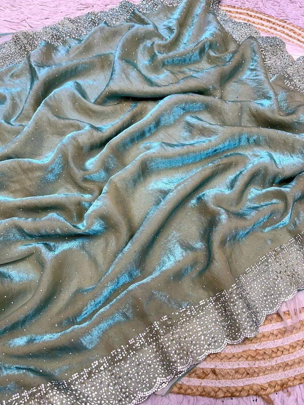 W77018 Beautiful Jarkhan Diamond Work Space Silk Saree  - Jungle Green